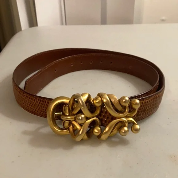 Connie Bates For Fahrenheit Brown Embossed Belt with Gold Buckle 90s Connie Bates Fahrenheit 90s Designer Brown Lizard Grain  main image 2